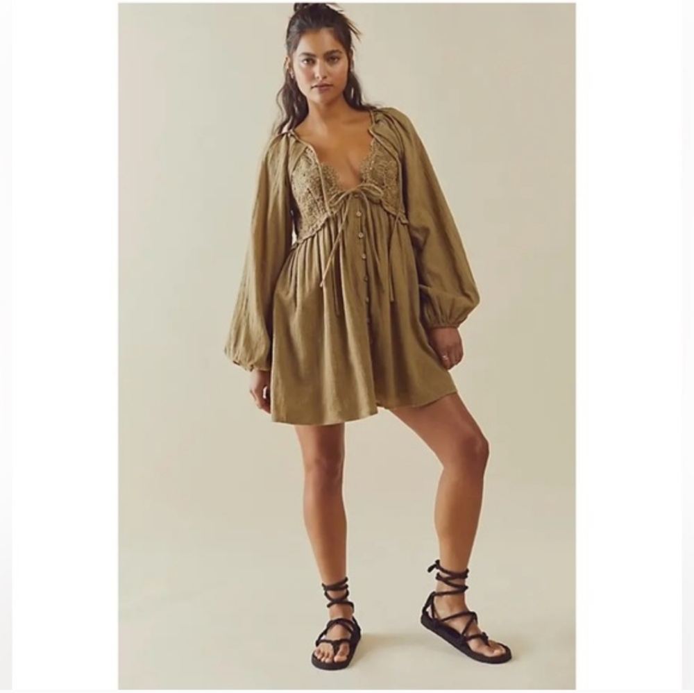 Free People Summer Struttin Crochet Puff Sleeve Mini Dress Suntan Women's M